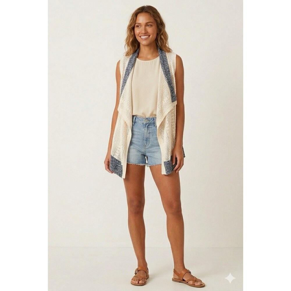 Coastal Grandma Boho Crochet Vest XL C Est 1946 Cato Blue Black Draped Cardigan⁠